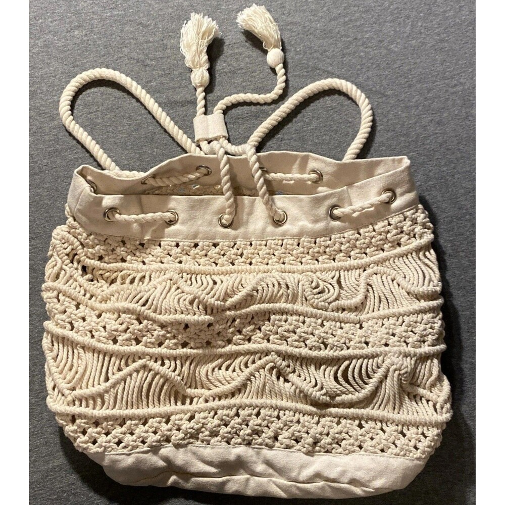 Ivory Boho Macrame Rope Canvas Backpack Purse Festival Ready